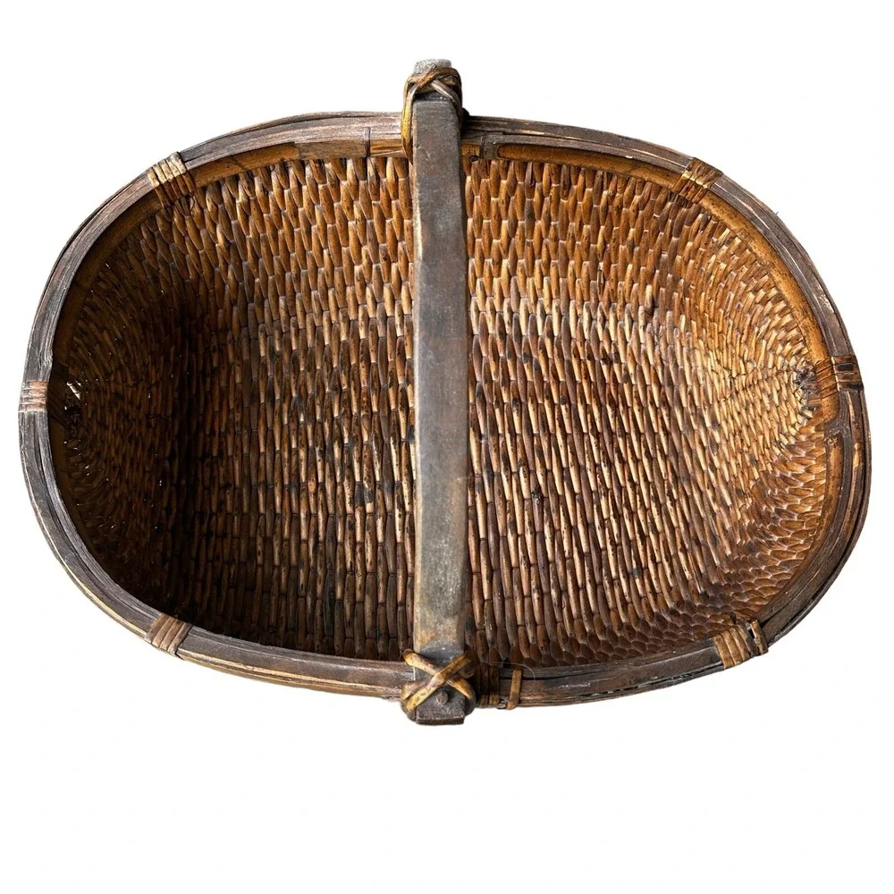 VTG Antique Asian‎ Willow Basket 18x13x12 Inch Wood Handle Large Hand Woven